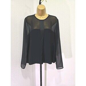 Zara Black Crepe Sheer Satin Stripe Top Blouse Lge Minimalist Dressy Long Sleeve